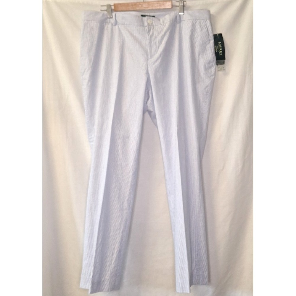 LRL Ralph Lauren Cotton Lined Edita 18 W Blue/White Stripe Seersucker Pants‎ NEW